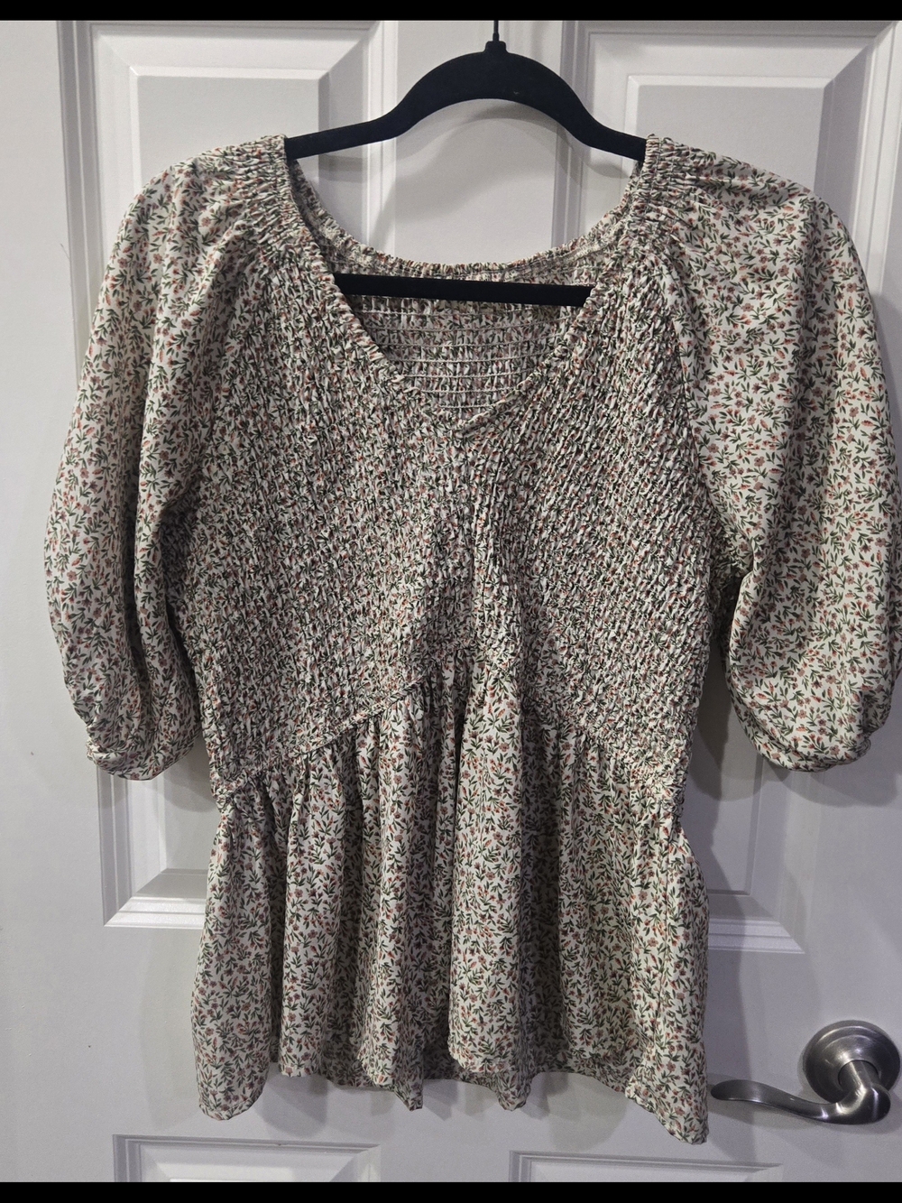 Smocked Peplum Floral Blouse - Cream with Green & Pink